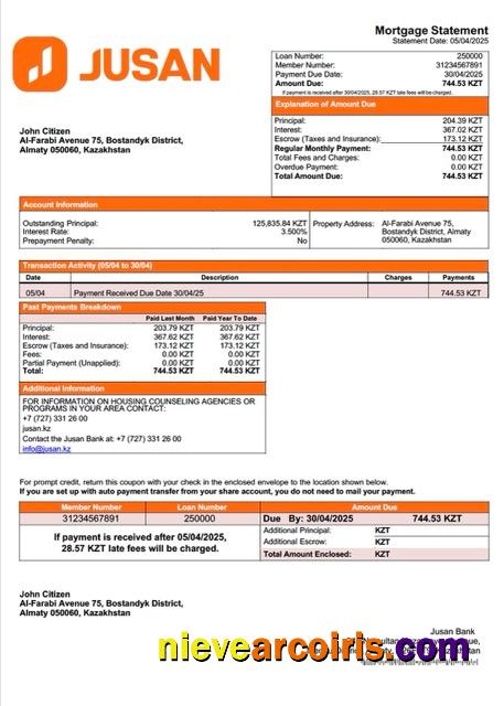 Kazakhstan Jusan Bank mortgage statement Word and PDF template